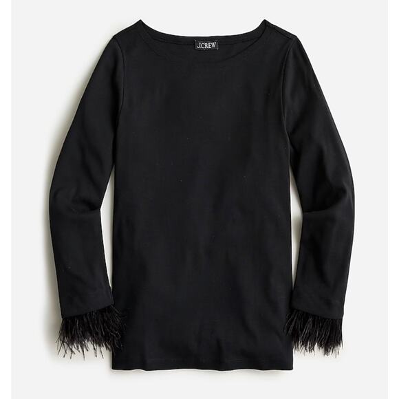 J.Crew Feather-trim long-sleeve shirt, Black, Size Medium, Removable Feathers - Picture 1 of 9